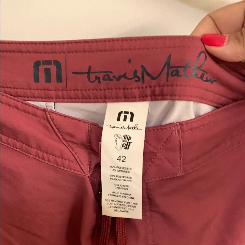 Travis Mathew Burgundy Board Shorts with Striped Accents in Sz 42